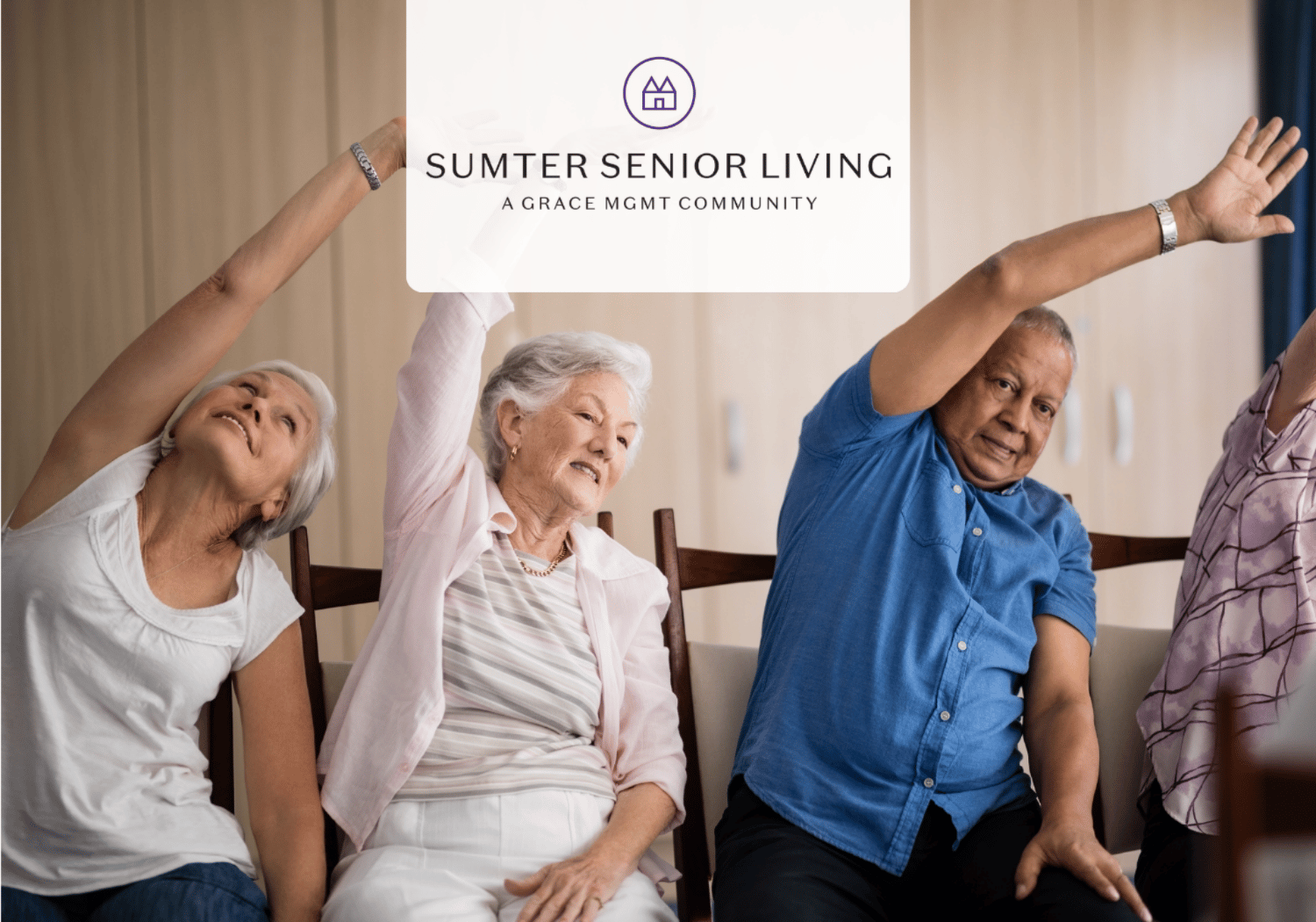 Senior adults doing arm stretches in a living room setting with Sumter Senior Living logo above them.