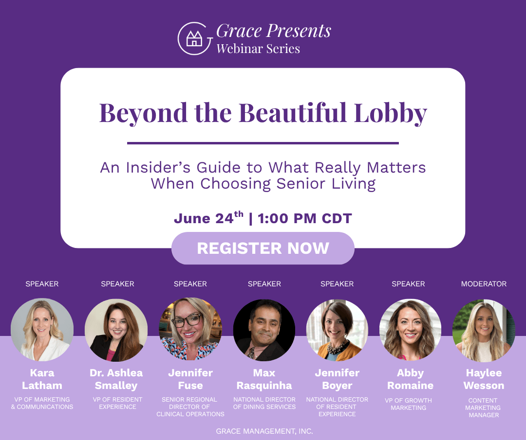 Event poster for Grace Presents Webinar Series: Beyond the Beautiful Lobby, June 24 at 1:00 PM CDT; prominent Register Now button; speaker lineup with names and titles.